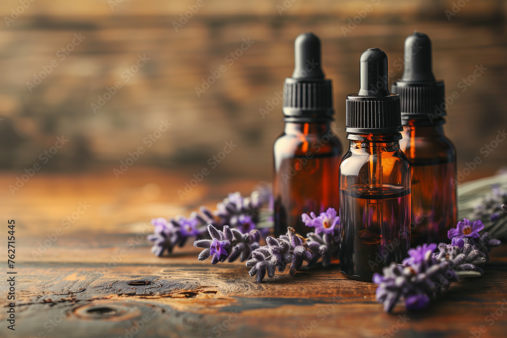 Bottles of lavender essential oil with lavender flowers on a wooden background with copy space. Bottles of lavender essential oil with lavender flowers on a wooden background with copy space.