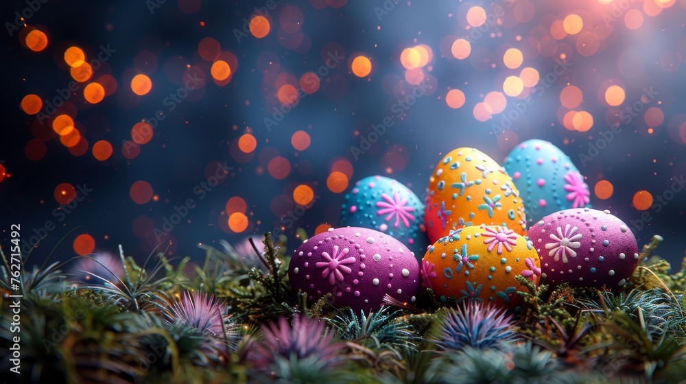 Group of vibrant Easter eggs arranged on mossy floor near string lights Group of vibrant Easter eggs arranged on mossy floor near string lights