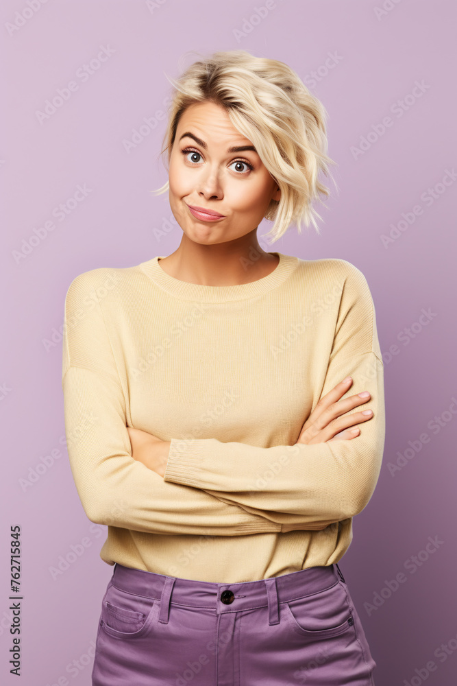 A blonde woman in a yellow sweater looks at the camera with a smile on her face. A blonde woman in a yellow sweater looks at the camera with a smile on her face.