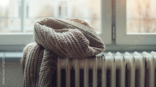 A charming house model, cozily wrapped in a scarf, is perched atop an indoor radiator