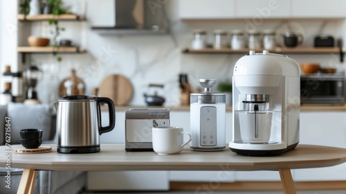 Household and kitchen appliances are arrayed on a table photo
