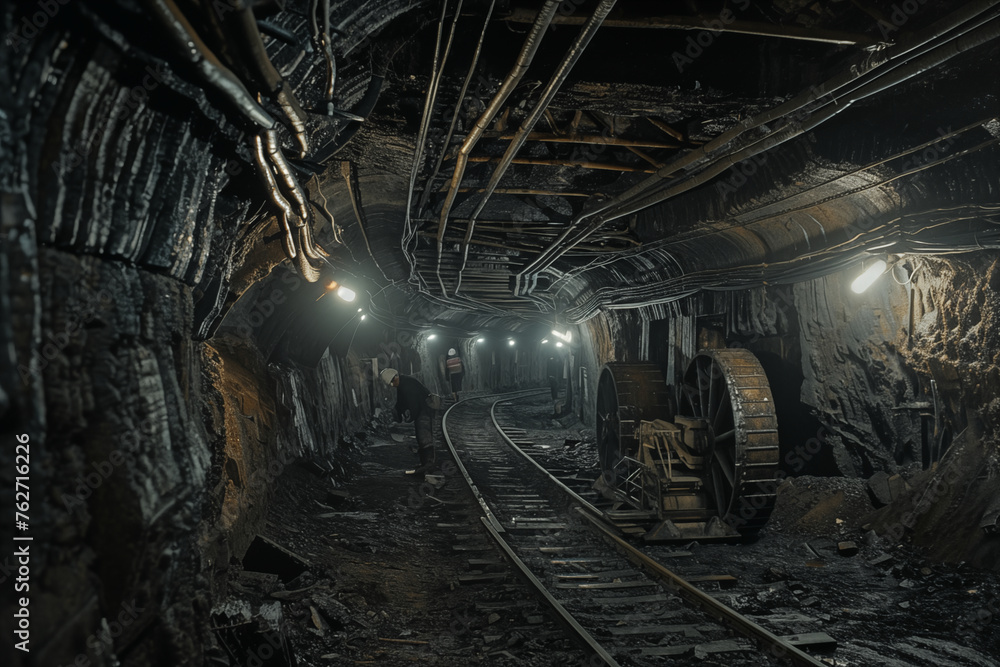 An underground coal mine with miners working, railways and pipes on the ceiling. - obrazy, fototapety, plakaty 