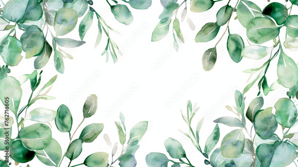A detailed watercolor painting featuring vibrant green leaves against a clean white background. The leaves are lush and intricate, showcasing delicate veins and varying shades. Banner. Copy space - obrazy, fototapety, plakaty 