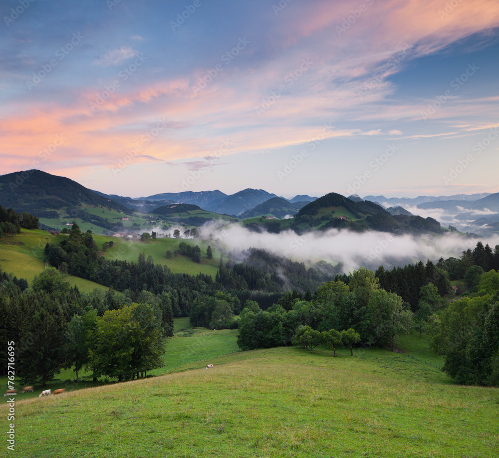 Blick ins Alpenvorland bei Maria Neustift, Wolken, Weide, Oberösterreich, Österreich