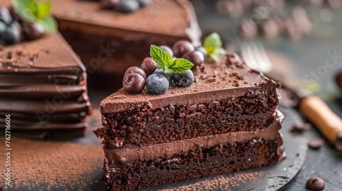 A close-up of a delectably moist chocolate sponge cake serves as a tantalizing background photo
