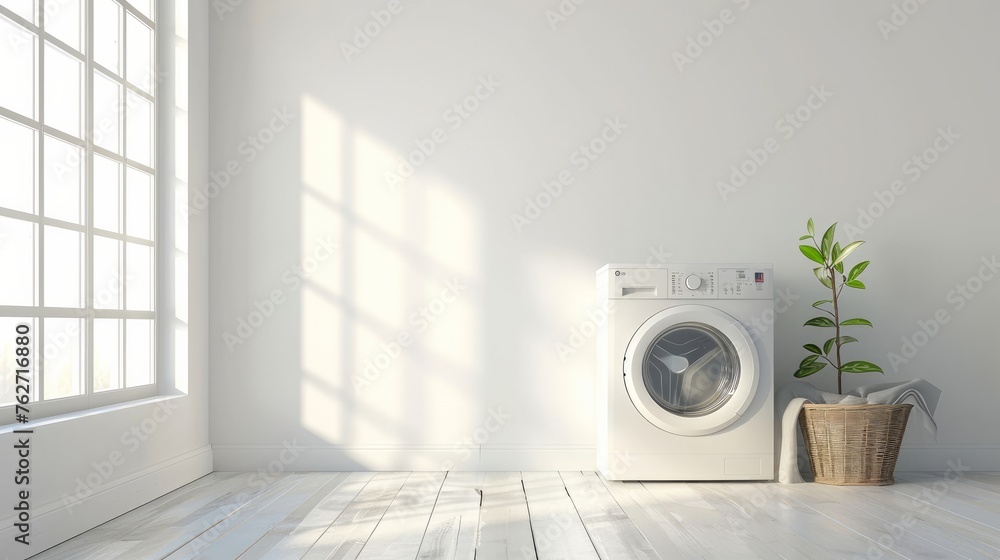 A washing machine, loaded with laundry and accompanied by a basket A washing machine, loaded with laundry and accompanied by a basket