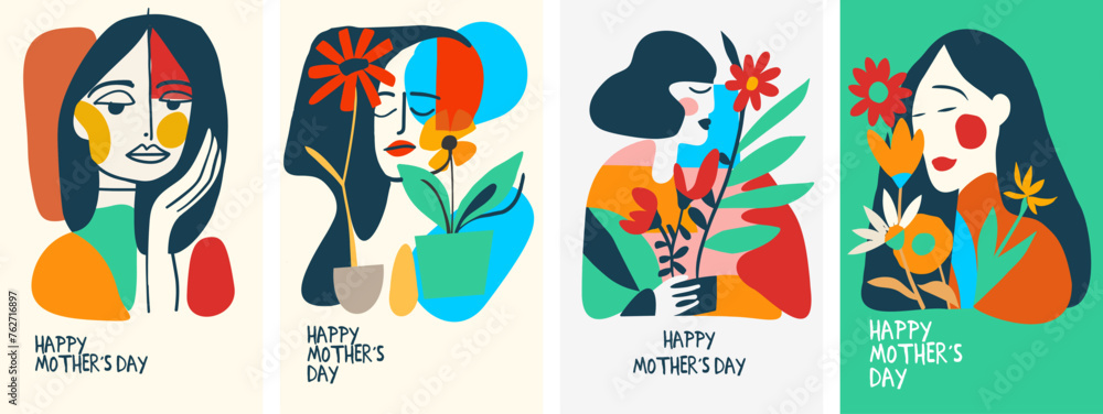 Set of four abstract vector illustrations celebrating Mother's Day, featuring stylized female figures with plants and flowers in a modern, simplistic art style.