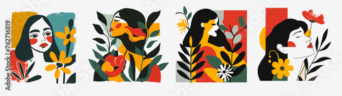 A captivating series of four abstract vector illustrations depicting female figures intertwined with bold floral elements, characterized by a striking use of color blocks and simple shapes.