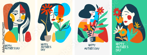 Set of four abstract vector illustrations celebrating Mother's Day, featuring stylized female figures with plants and flowers in a modern, simplistic art style.