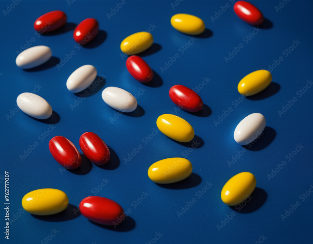 Close-up of a set of colorful pills on a blue background Close-up of a set of colorful pills on a blue background