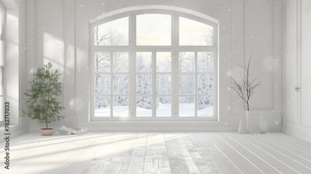 A serene white empty room, featuring a winter landscape visible through the window A serene white empty room, featuring a winter landscape visible through the window