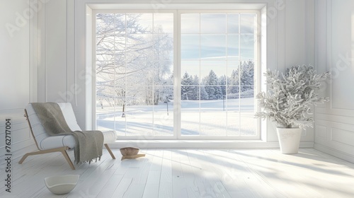 A serene white empty room, featuring a winter landscape visible through the window © Chingiz