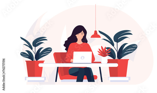 Woman freelancer sitting on a chair behind a desk and working on a laptop in the office, vector illustration in red colors on white background