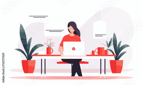 Woman freelancer sitting on a chair behind a desk and working on a laptop in the office, vector illustration in red colors on white background