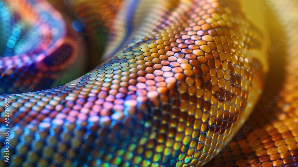 A stunning close-up of a royal python's skin, showcasing the intricate pattern of its scales in a rainbow of colors. A stunning close-up of a royal python's skin, showcasing the intricate pattern of its scales in a rainbow of colors.