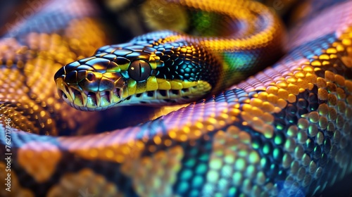 A stunning close-up of a royal python's skin, showcasing the intricate pattern of its scales in a rainbow of colors.