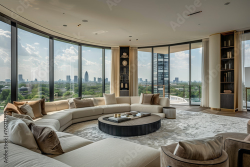 A luxury penthouse living room with floor-to-ceiling windows offering panoramic views of the city