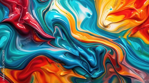 Abstract acrylic paint ink  painted waves. Colorful background with a colors of teal  blue  red  green and yellow. Vibrant and saturated colors