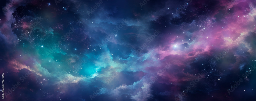A colorful space depicted with numerous stars and clouds scattered throughout, creating a dynamic and celestial scene. A snapshot of the galaxy. Milky Way. Banner. Copy space
