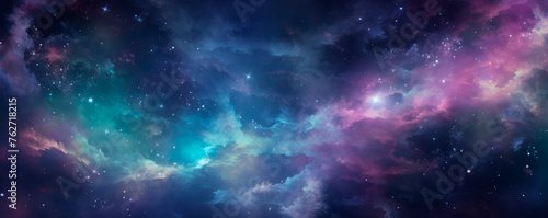 A colorful space depicted with numerous stars and clouds scattered throughout, creating a dynamic and celestial scene. A snapshot of the galaxy. Milky Way. Banner. Copy space