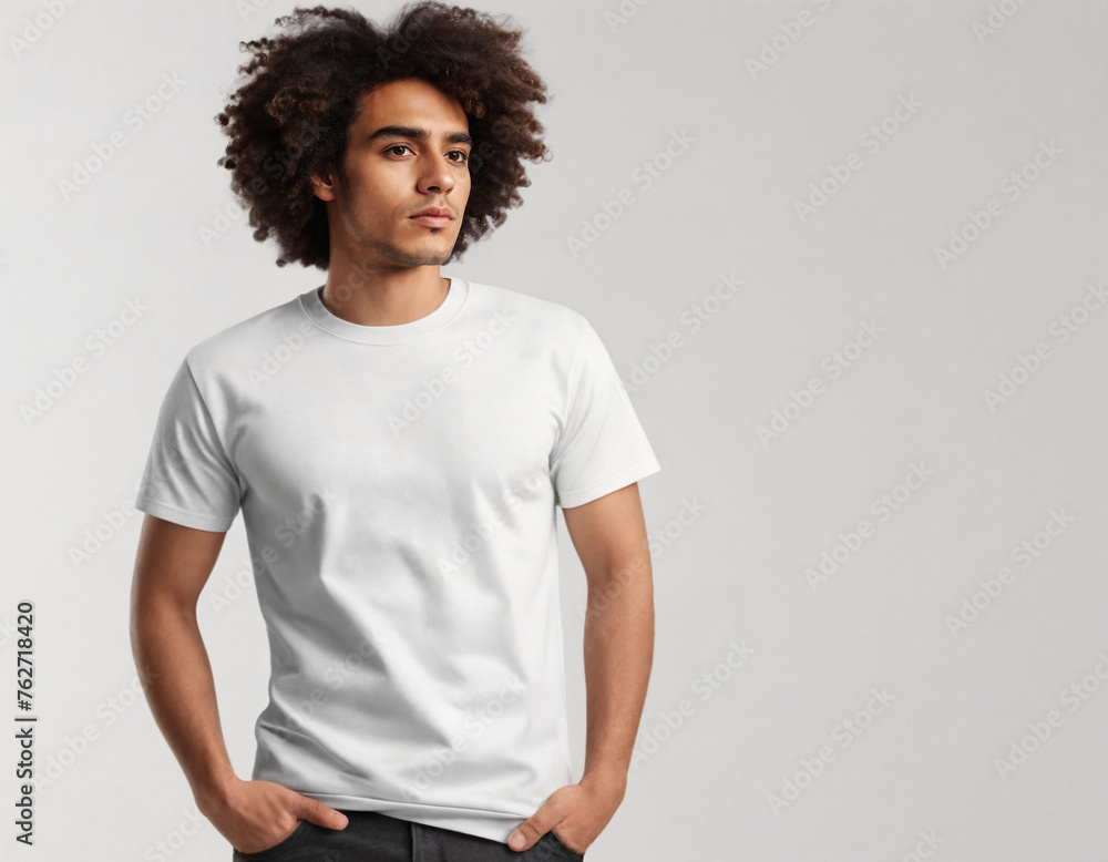 Man in a white t-shirt with an afro hairstyle, studio shot Man in a white t-shirt with an afro hairstyle, studio shot