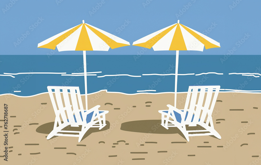 Deck chairs and beach umbrellas on deserted beach in summer