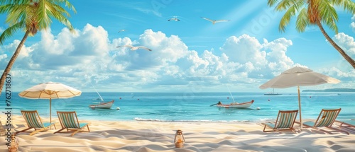A beach scene with a few umbrellas and chairs. The sky is blue and there are a few birds flying in the background © Nico
