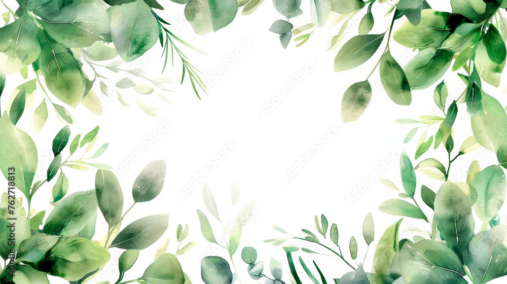 A watercolor painting featuring vibrant green leaves set against a clean white background. The intricate details and varying hues of green bring the foliage to life. Banner. Copy space - obrazy, fototapety, plakaty 