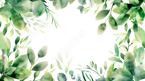 A watercolor painting featuring vibrant green leaves set against a clean white background. The intricate details and varying hues of green bring the foliage to life. Banner. Copy space