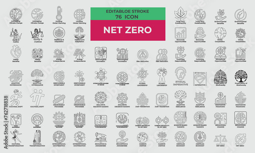 76 Stroke Icons for Net Zero set in line style. Excellent icons collection. Vector illustration.