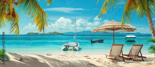 A beach scene with a boat and two beach chairs under an umbrella. Scene is relaxing and peaceful