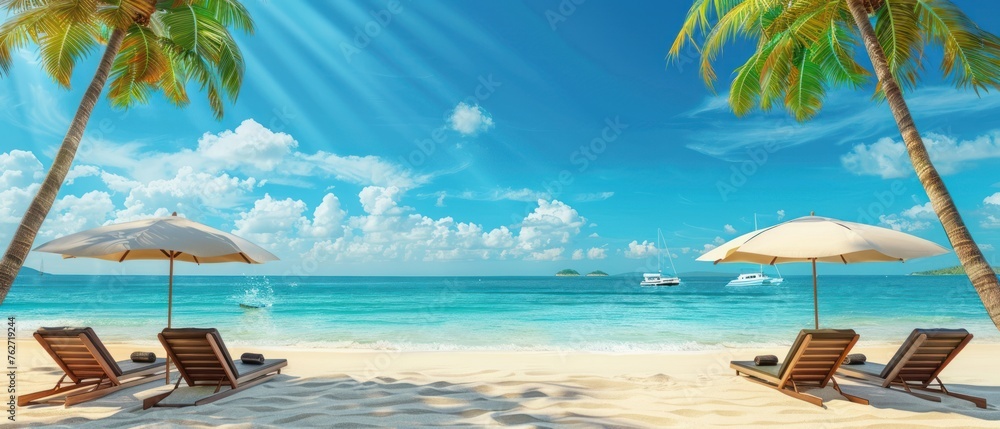 Naklejka premium A beach scene with two umbrellas and four lounge chairs. The beach is empty and the sky is clear