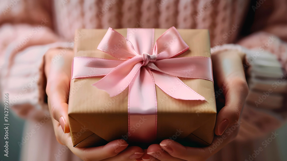 Hands holding gift box wrapped and decorated with satin ribbon, generated AI Hands holding gift box wrapped and decorated with satin ribbon, generated AI