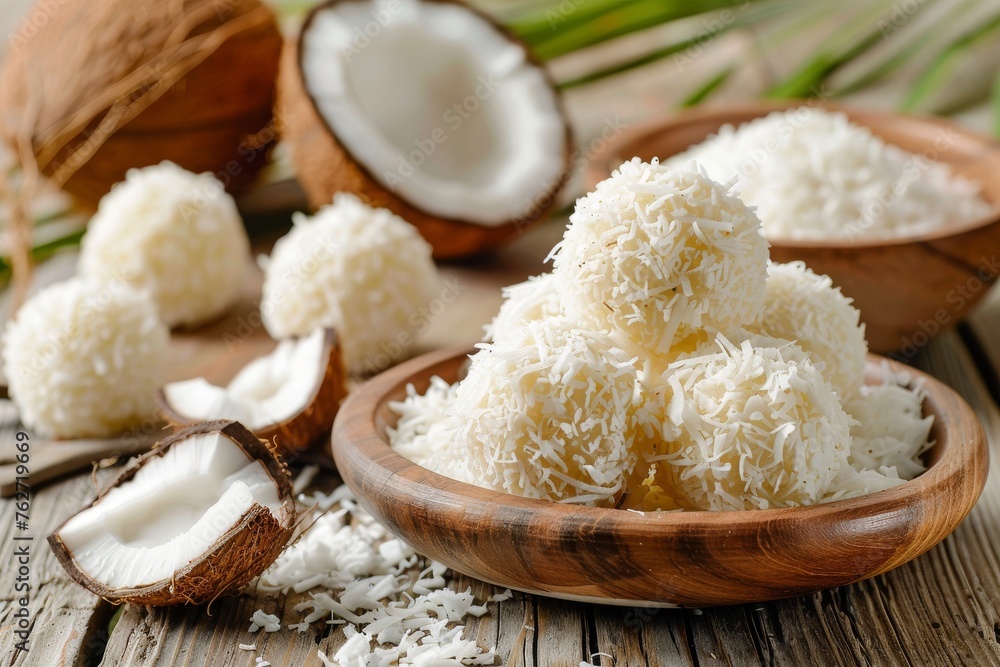 Preparation of coconut balls with heap on plate and grated coconut in a bowl on wooden table and light isolated background. Front view. Horizontal composition. Preparation of coconut balls with heap on plate and grated coconut in a bowl on wooden table and light isolated background. Front view. Horizontal composition.