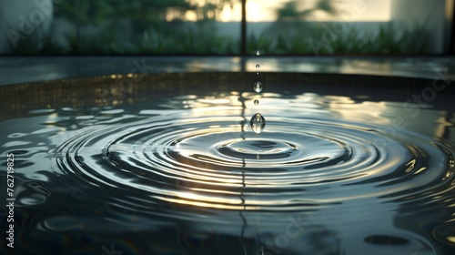 In this hyper-realistic image  the focus is on the aftermath of a water droplet s plunge into a serene pond  capturing the expanding circular waves that emanate from the point of impact.