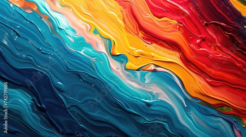 Abstract acrylic paint ink  painted waves. Colorful background with a colors of teal  blue  red  green and yellow. Vibrant and saturated colors