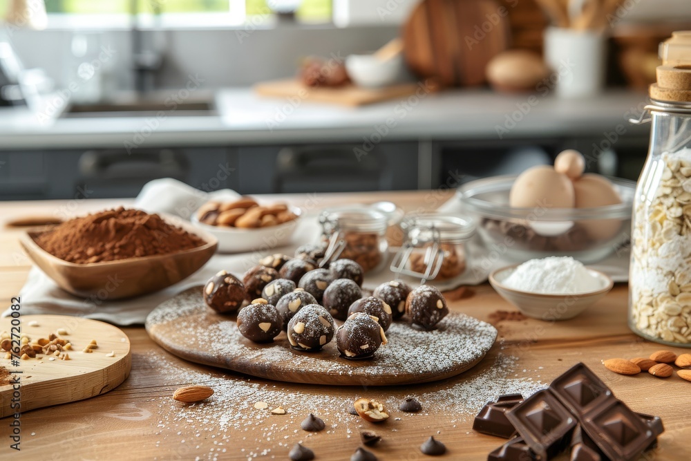 Preparing chocolate balls with almond chips on a kitchen bench. Front view. Horizontal composition.