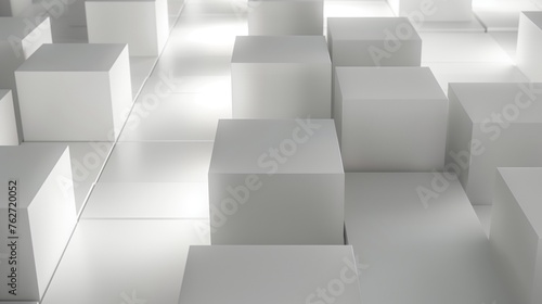 In this image  an artistic and modern arrangement of randomly shifted white cube boxes forms a captivating background  offering a fresh perspective on minimalist design.