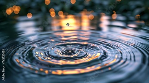 In this hyper-realistic image, the focus is on the aftermath of a water droplet's plunge into a serene pond, capturing the expanding circular waves that emanate from the point of impact.