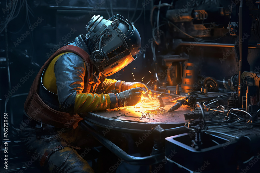 a welder welds large pieces of metal.the magic of inventions. cyberpunk style. construction and processing of steel components. Generative AI