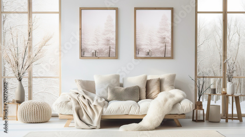 Fototapeta Naklejka Na Ścianę i Meble -  A living room with a white couch and a white blanket on it. There are two pictures on the wall, one of which is a tree. The room has a cozy