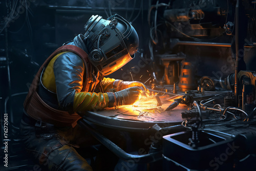 a welder welds large pieces of metal.the magic of inventions. cyberpunk style. construction and processing of steel components. Generative AI