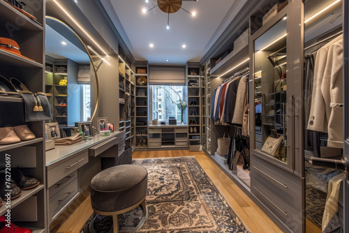 A luxury walk-in closet with custom cabinetry and lighting. The room is organized with dedicated spaces for shoes, handbags, and clothes.