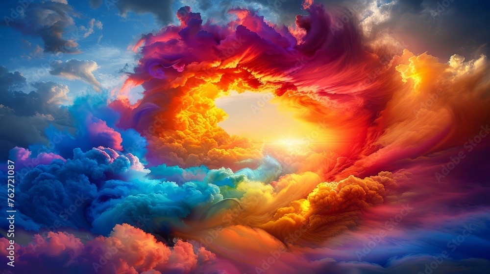 a painting of a rainbow colored cloud with the sun in the middle of the clouds and the sun in the center of the clouds.