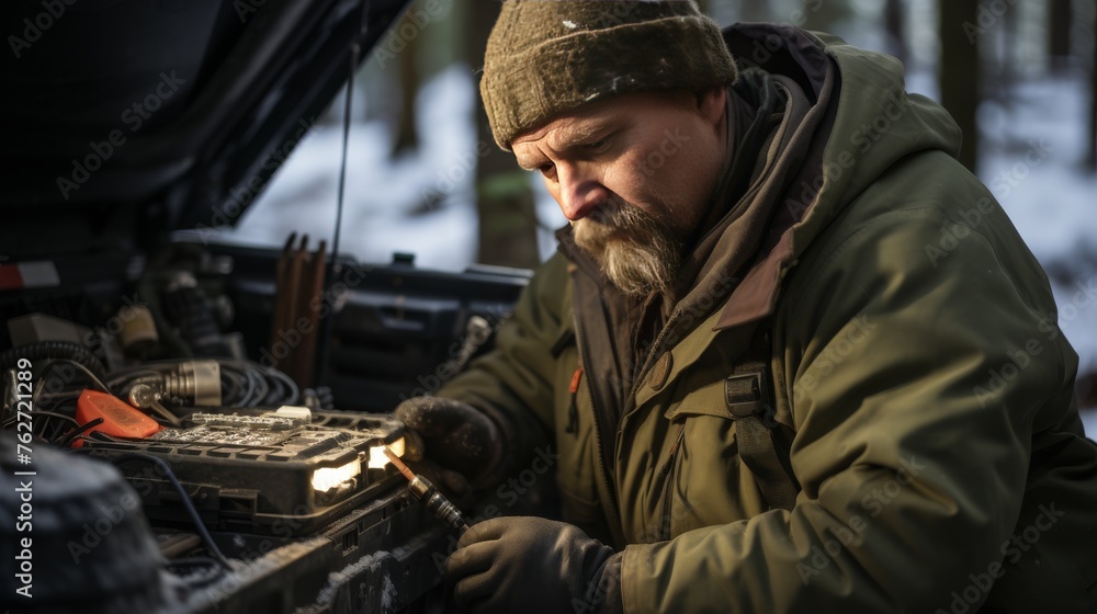 Man Repairing Car Engine in Woods
