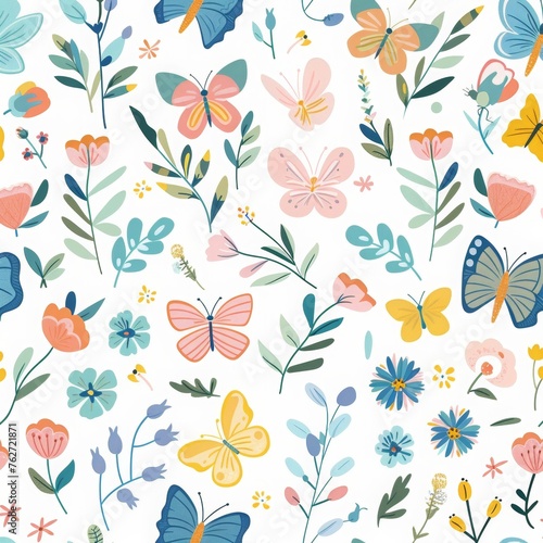 A seamless pattern of colorful flowers and butterflies, with leaves in various shades of green against a white background