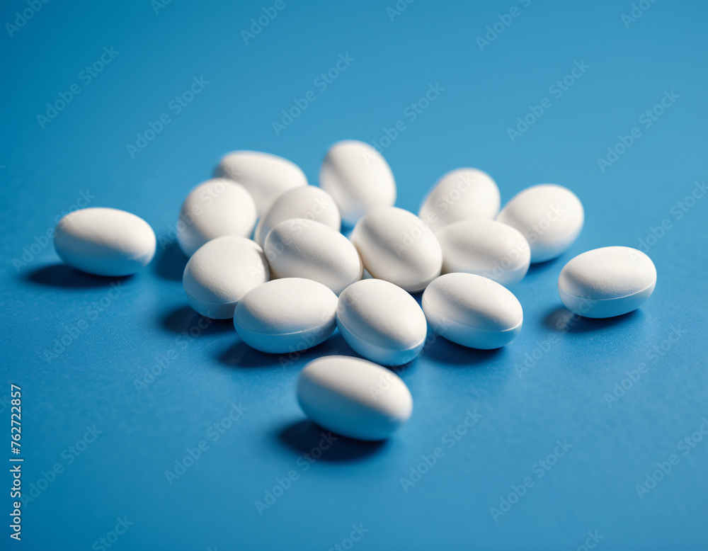 Close-up of a set of white pills on a blue background