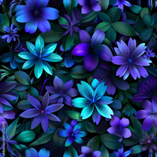 a bunch of purple and blue flowers with green leaves on the bottom of the flowers and the bottom of the flowers on the bottom of the flowers.