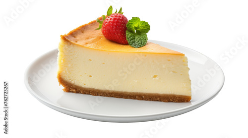 Decadent cheesecake topped with a vibrant red strawberry, a harmonious blend of flavors and textures