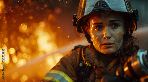 female firefighter with fire background